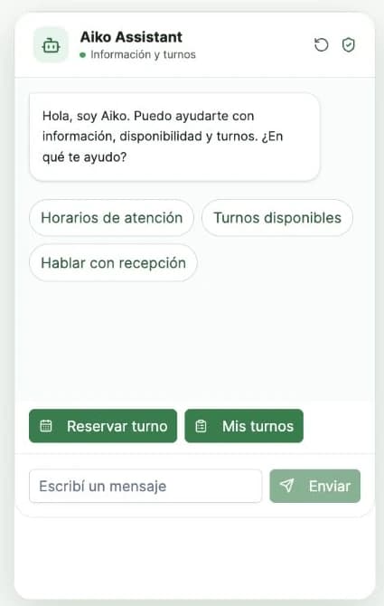 Burbuja de chat abierta de Aiko Assistant con saludo, consultas sugeridas y accesos a Reservar turno y Mis turnos