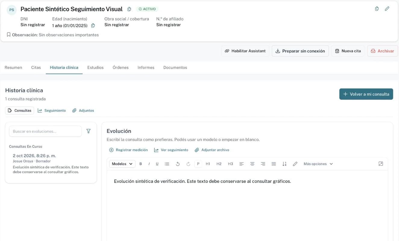 Historia clínica de Aiko Health: consultas anteriores y editor de evolución con herramientas para mediciones, seguimiento y adjuntos